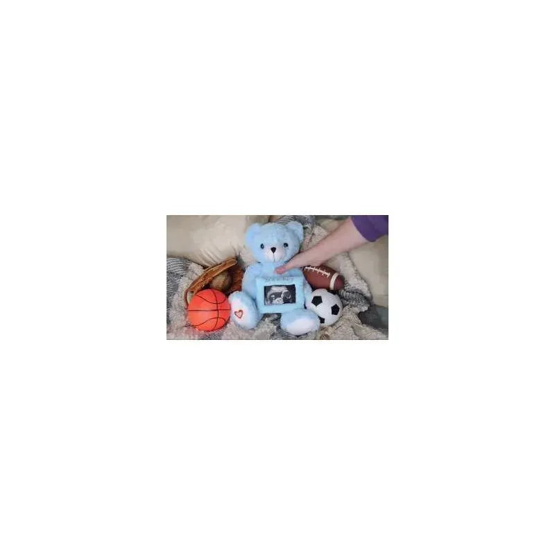 Blue teddy bear with a photo frame on its belly surrounded by various sports balls, showcasing a gender reveal theme.