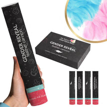 Gender reveal feather cannon set featuring a pack with two pink and two blue cannons, held by a person.