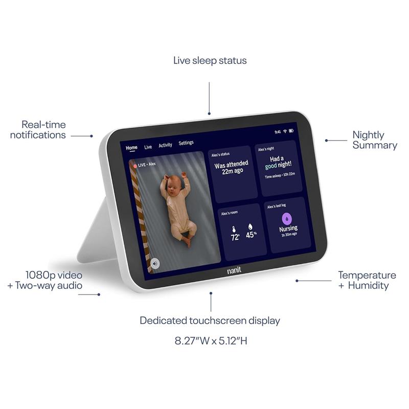 Nanit Display Screen features an 8” touchscreen displaying a baby live feed, sleep status, and environmental data.