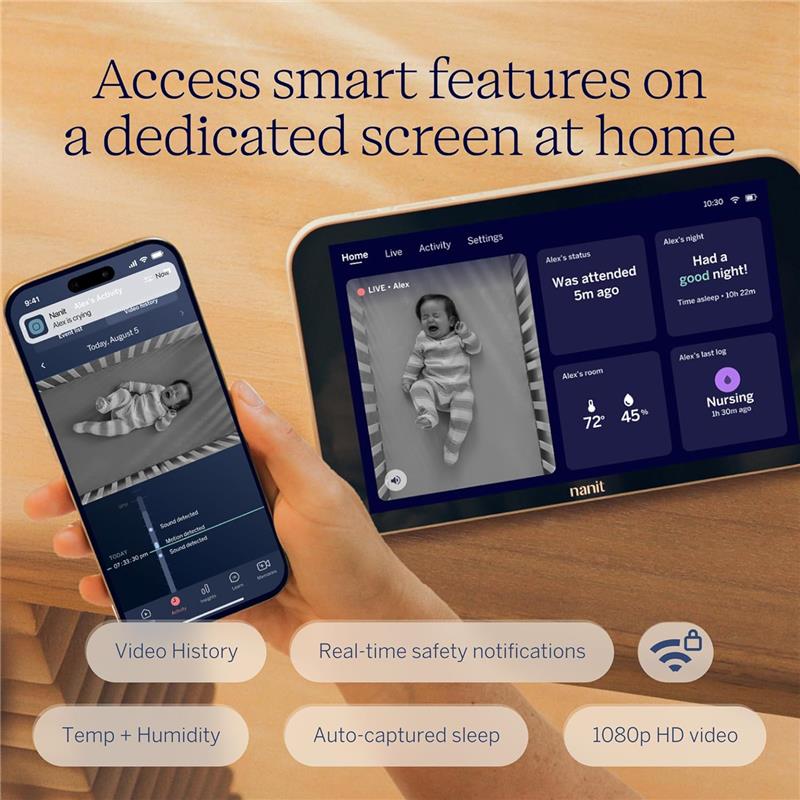 Nanit Display Screen showing baby monitor features on an 8” touchscreen, alongside a smartphone with notifications.