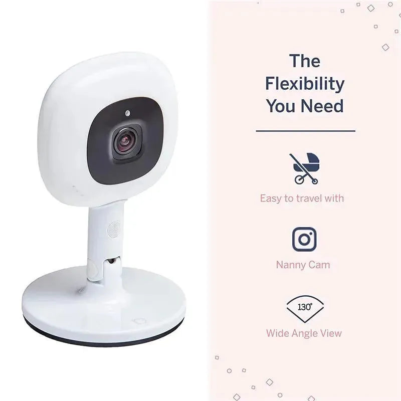 Nanit Flex Multi-Stand Baby Monitor with a black-lensed camera on a white pedestal, featuring notes on portability, nanny cam use, and a 130° wide-angle view.
