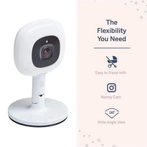 Nanit Flex Multi-Stand Baby Monitor with a black-lensed camera on a white pedestal, featuring notes on portability, nanny cam use, and a 130° wide-angle view.