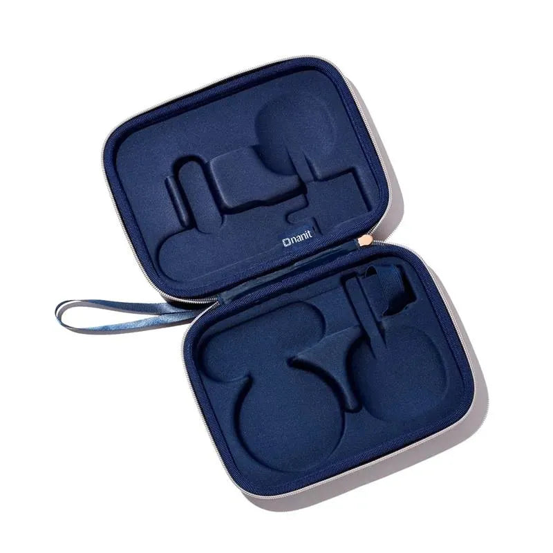 Nanit Travel Case in blue, featuring custom foam compartments for secure storage of baby monitor accessories.