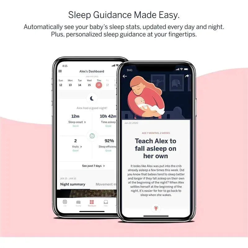 Two smartphones displaying the Nanit app: one shows sleep stats for a baby named Alex, and the other offers personalized sleep guidance.