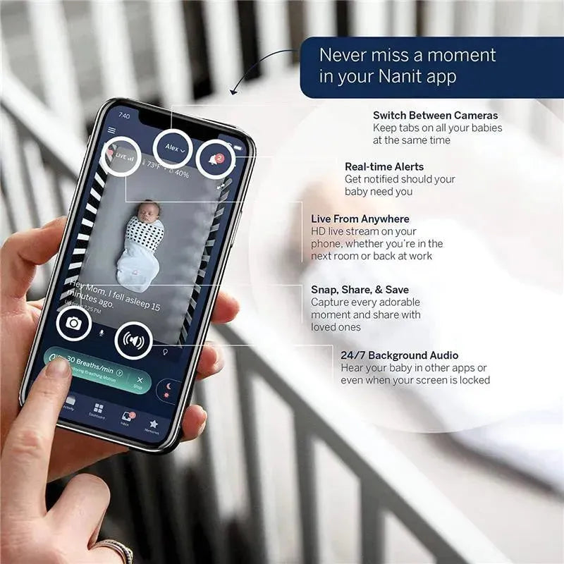 Nanit Pro Camera app displayed on a smartphone showing a sleeping baby, with features like live stream, alerts, and background audio.