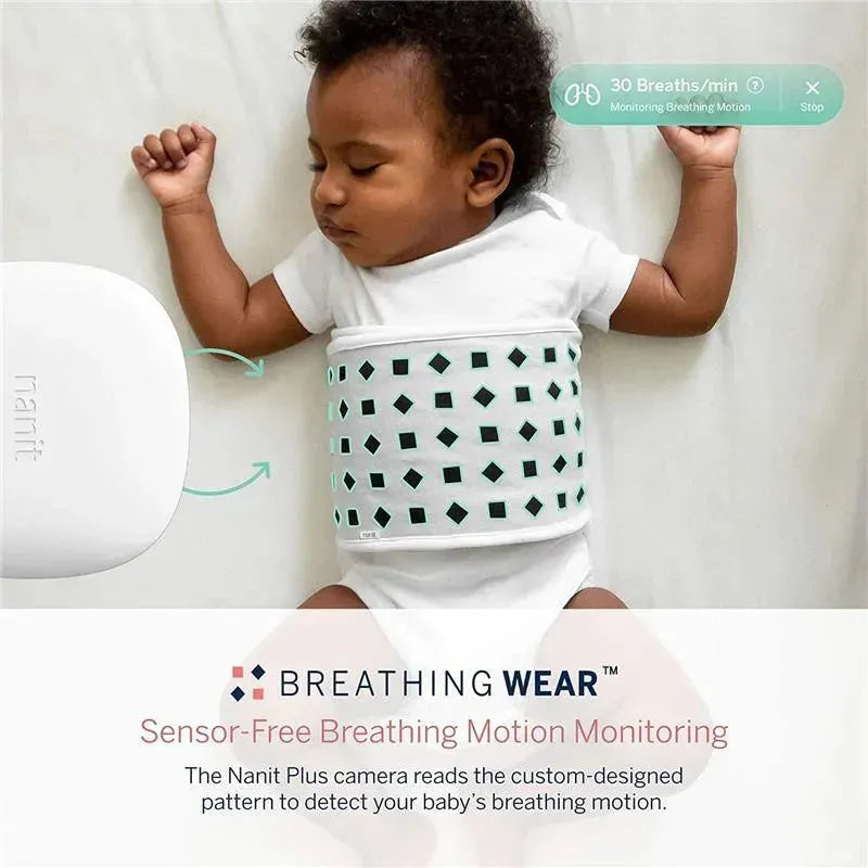 Nanit Pro Camera monitors a sleeping baby wearing Breathing Wear, displaying breathing rate information.