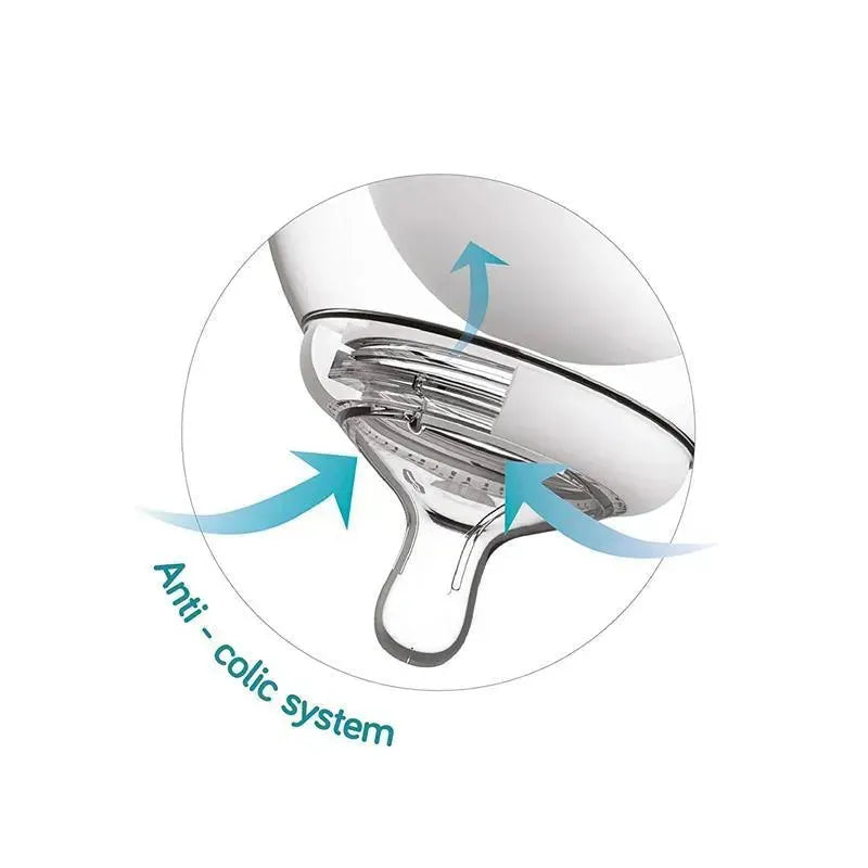 360° double vented nipple with anti-colic system, designed for fast flow in baby bottles.