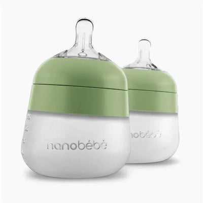 Nanobebe Flexy Silicone Baby Bottles, anti-colic design, white with green tops, 9 oz, pack of two.