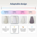 Nested Bean Zen Sack Classic features adaptable design options in various TOG ratings, highlighting lightweight, breathable, and cozy fabric characteristics.