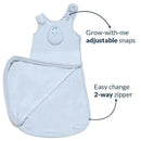 Powder blue Zen Sack Classic with adjustable snaps and a two-way zipper for easy changes, featuring a sleeper design.