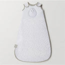 Grey baby sleep sack with dotted pattern, featuring shoulder snaps and a small bird design on the front.
