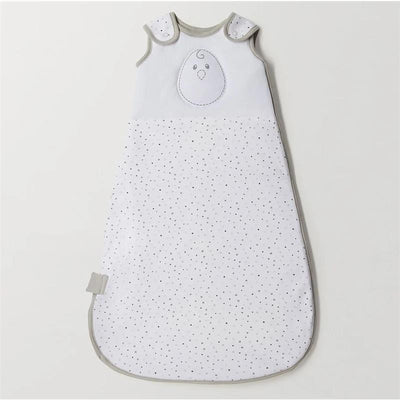 Grey baby sleep sack with dotted pattern, featuring shoulder snaps and a small bird design on the front.