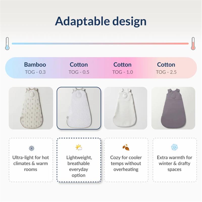 Nested Bean Zen Sack Classic in Stardust Grey for infants, showcasing adaptable design options and temperature ratings.