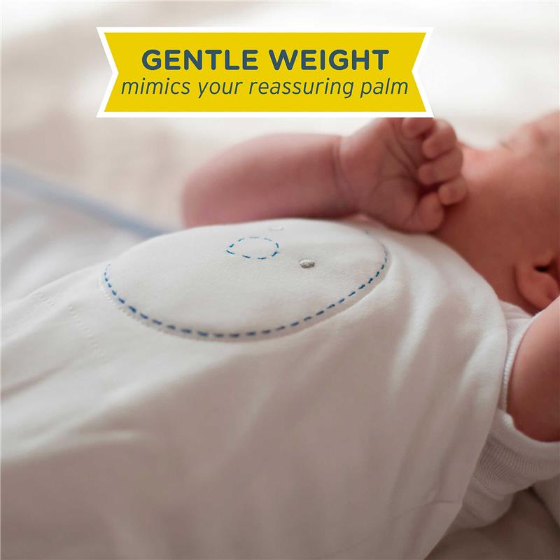 Nested Bean Zen Swaddle Classic in Stardust Blue, with gentle weight feature, shown on an infant peacefully sleeping.