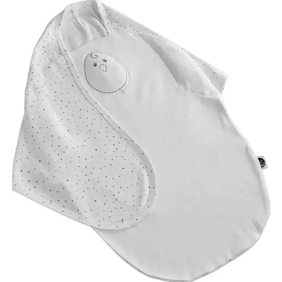Zen Swaddle Classic in Stardust Gray for infants 0 to 6 months, featuring a soft fabric with a dotted pattern and a cute animal face.