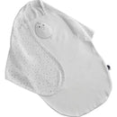 Zen Swaddle Classic in Stardust Gray for infants 0 to 6 months, featuring a soft fabric with a dotted pattern and a cute animal face.