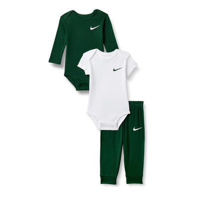 Nike 3Pk Essentials set featuring a long-sleeve green bodysuit, a short-sleeve white bodysuit, and matching green pants, all with the Nike logo.