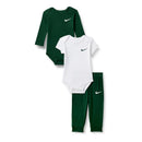 Nike 3Pk Essentials Bodysuit & Pants Set featuring a long-sleeve green bodysuit, short-sleeve white bodysuit, and green pants.
