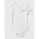 Nike white short-sleeve bodysuit featuring a green swoosh logo on the front, designed for infants.