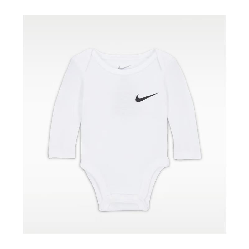 Long sleeve white bodysuit for babies featuring a black Nike logo on the chest.