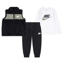 Nike baby long sleeve t-shirt, black vest, and jogger pants set with visible logo details.