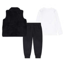 Nike Baby Club set featuring a black fuzzy vest, a white long sleeve t-shirt, and black jogger pants.