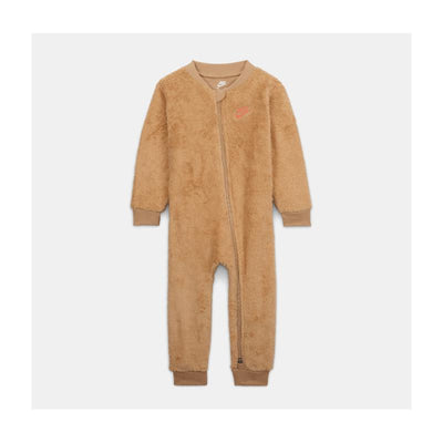 Nike Baby Coverall in soft tan hemp material, featuring a front zipper and a small logo on the chest.