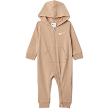 Hemp-colored Nike baby coverall hoodie for 18 months, featuring a zipper, front pockets, and the Nike logo.