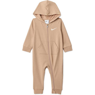 Hemp-colored Nike baby coverall hoodie for 18 months, featuring a zipper, front pockets, and the Nike logo.