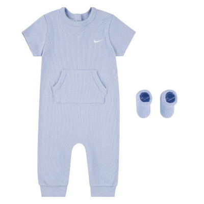 Nike baby romper in cobalt bliss with short sleeves, front pocket, and matching booties.