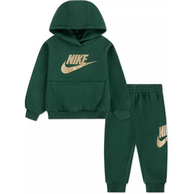 Nike baby set featuring a green hoodie with a gold logo and matching pants. Ideal for comfortable wear.