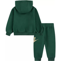 Nike baby set featuring a green hoodie with a kangaroo pocket and matching pants, both adorned with a gold logo.