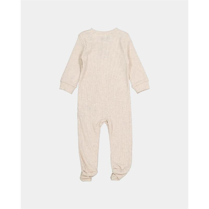 Ivory ribbed kids coverall with long sleeves and footed design, suitable for comfortable wear.