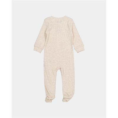 Ivory ribbed kids coverall with long sleeves and footed design, suitable for comfortable wear.