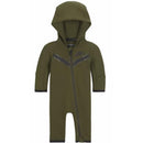 Kids green fleece coverall from Nike featuring a hood, full zipper, and contrasting black trim.
