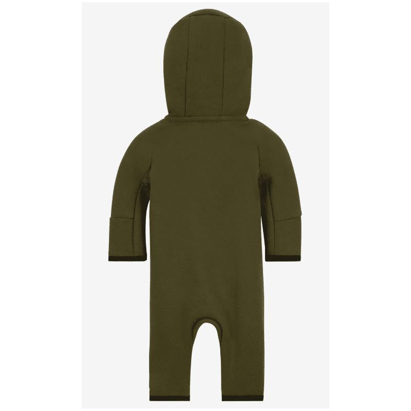 Kids fleece coverall in green with a hood, featuring long sleeves and footless design, designed for warmth and comfort.