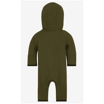 Kids fleece coverall in green with a hood, featuring long sleeves and footless design, designed for warmth and comfort.