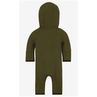 Kids fleece coverall in green with a hood, featuring long sleeves and footless design, designed for warmth and comfort.