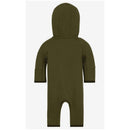 Kids fleece coverall in green with a hood, featuring long sleeves and footless design, designed for warmth and comfort.