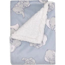 Super soft sherpa baby blanket featuring a whimsical Dumbo print on a light blue background, ideal for infants.