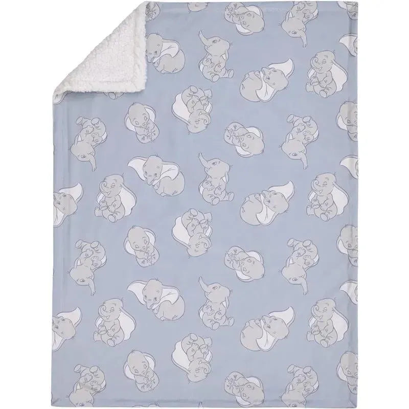 Super soft baby blanket featuring a blue design with gray Dumbo illustrations and a plush white sherpa backing.