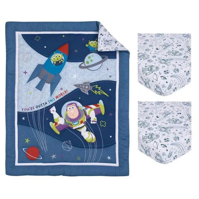 Blue and gray crib bedding set featuring Buzz Lightyear, rocket, aliens, and space-themed fitted crib sheets.