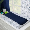 Changing pad cover featuring a navy center with a Toy Story-themed border depicting space characters and graphics.