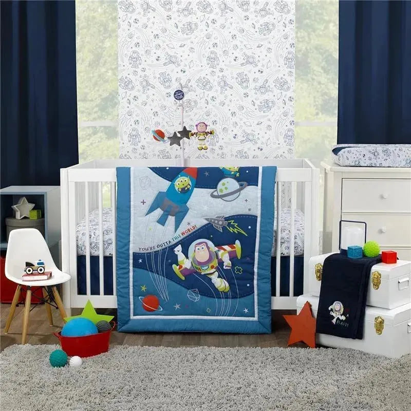 Disney Toy Story-themed changing pad cover featuring Buzz Lightyear and a rocket, set in a nursery with a crib and colorful decor.