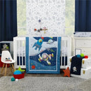 Disney Toy Story-themed changing pad cover featuring Buzz Lightyear and a rocket, set in a nursery with a crib and colorful decor.
