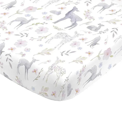 Fitted crib sheet featuring a floral deer print with grey tones, flowers, and leaves on a white background.