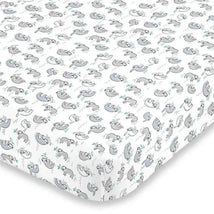 Fitted crib sheet featuring a playful sloth pattern with gray and green accents on a white background.