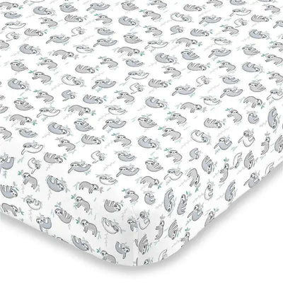 Fitted crib sheet featuring a playful sloth pattern with gray and green accents on a white background.
