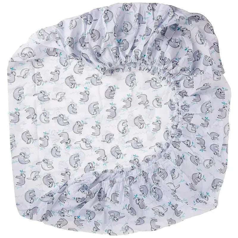 Fitted crib sheet featuring playful sloth designs in gray and mint on a light background.