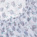 Fitted crib sheet featuring playful sloth designs in gray and turquoise against a white background.